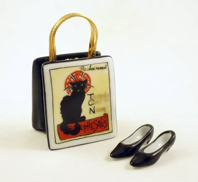 New French Limoges Trinket Box Chat Noir Black Cat Bag Purse Remov.  Pumps Shoes
