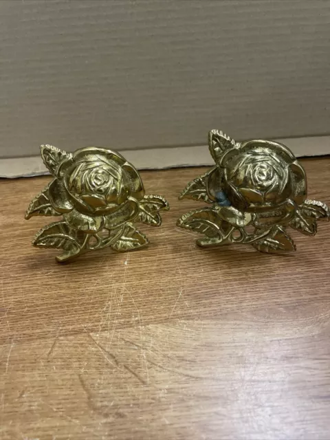 Antique Reclaimed Brass Rose Flower Curtain Tiebacks Wall Hooks