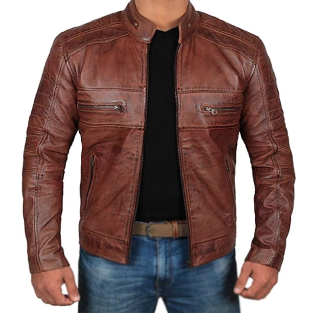 Cafe Racer Real Leather Distressed Wax Biker Brown Motorcycle Stylish Men Jacket