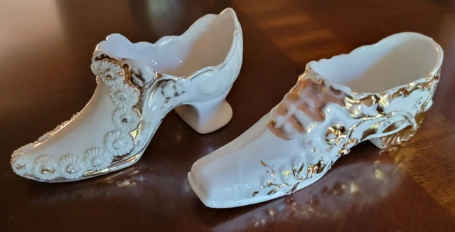Antique Victorian Milk Glass Slippers Pair Gold Hand-painted Daisy Floral Design