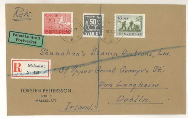 Suecia 1957 carta al extranjero carta certificada Malmslätt n.o Irlanda Shanahan SH3000018