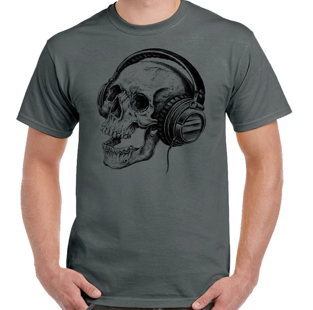 Skull Headphones T-Shirt Mens Music Electric Acoustic Rock Drum Rock Drummer Top