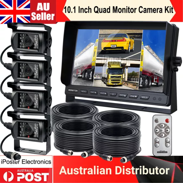 10.1" Quad Monitor 4PIN Heavy Duty CCD Color Rear View Camera 4x 10m For Truck