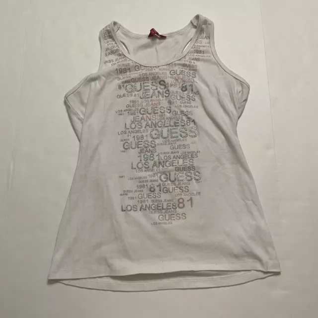 Guess Los Angeles Girls White Tank Top Glitter Text Size Large