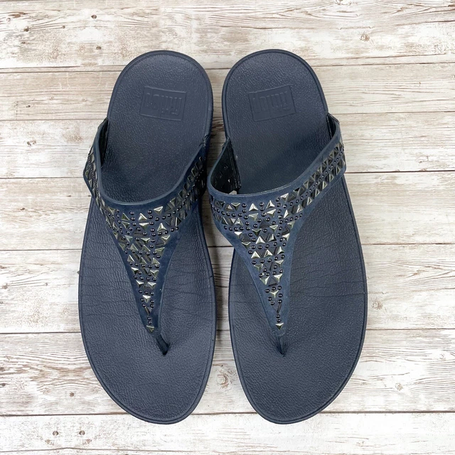 FITFLOP Sandals Womens 9 Carmel Toe Post Wedge Shoe Navy Blue Stud Thong Comfort