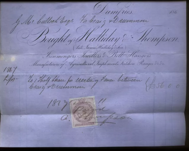 1867 Dumfries, Halliday & Thompson Ironmongers, Jewellers & Bellhangers Billhead