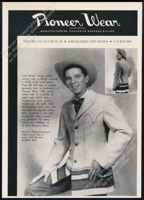 1957 Pioneer Wear western wear jacket rodeo star Carl Shultz photo vtg print ad