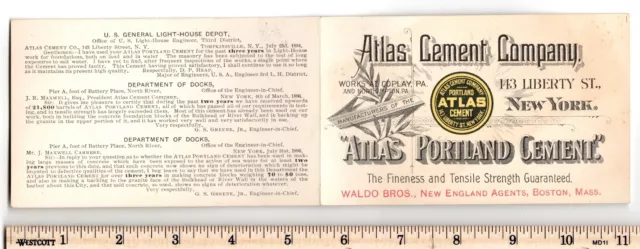 ATLAS PORTLAND CEMENT Folder 1895 Folder Test Results Guarantee Trade Card