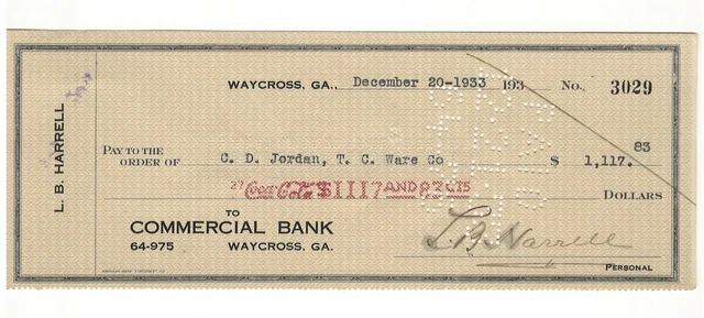 1933 Coke Coca Cola Bottling Company, Waycross GA Georgia Check, C.D. Jordan