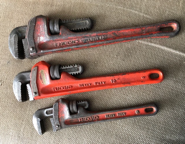 Set of 3 Ridgid 12" 10" 8" Pipe Wrenches - USA