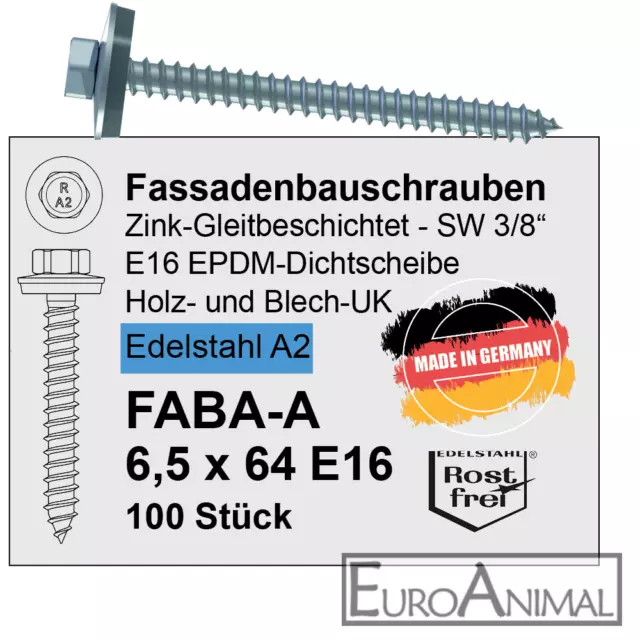 Schrauben für Trapezblech V2A 6,5x64 E16 Fassadenbauschrauben Edelstahl VA