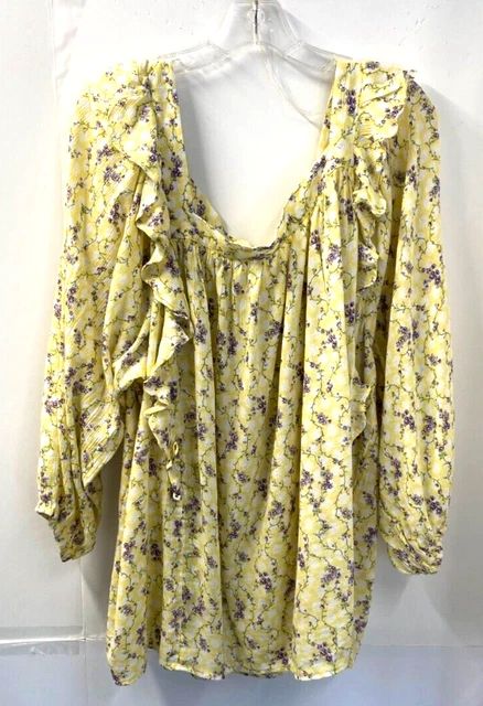 Chaps woman's size 3X blouse yellow/lavendar tiny floral square neck boho