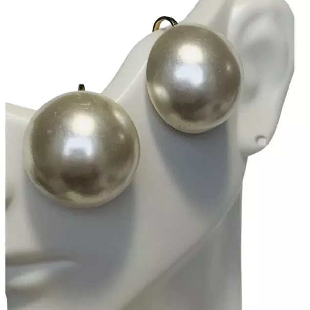 VTG Large Pearl Clip On Button Earrings 1.2" Gold Tone Wedding Grannycore Trendy