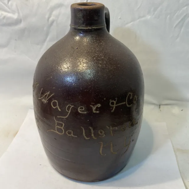 1880s Incised Wager And Co. Ballston NY Advertising Brown Handled Crock/Jug