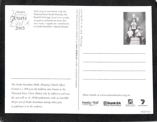 S0022 Australia BankSA 2003 Icon Schools Music Festival postcard 2