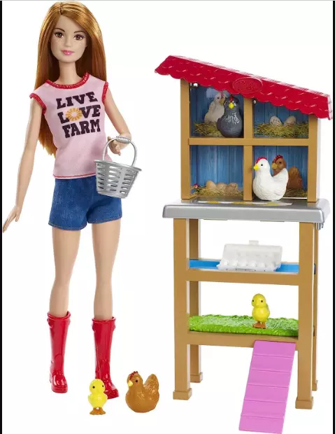 Barbie Chicken Farmer Doll, Red-Haired, and Playset with Henhouse, 3 Chickens.