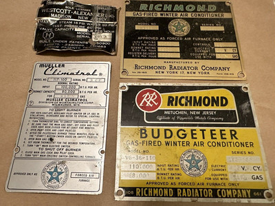 Vintage Original Gas Furnace Metal Name Plate Plaque Badge Tag Richmond Mueller+