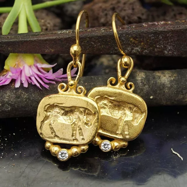 NR! Minimalist Gold Earrings W/ Bull Coin Ancient Greek Jewelry 925 Silver
