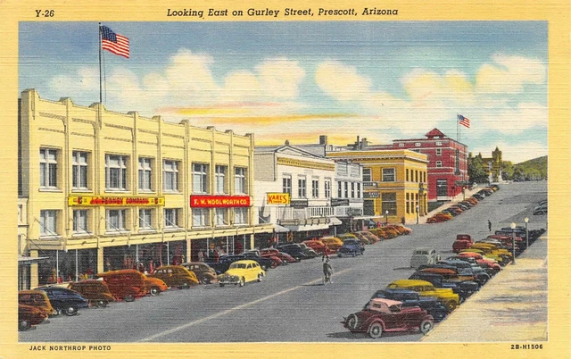 Gurley St  Looking East  Vtg Cars Street Scene Prescott,AZ Vtg 1940's Postcard