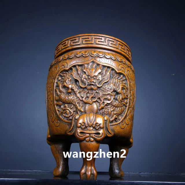Chinese Wood brush pot Huanghua Pear Wood Carving Three legged dragon pen holder
