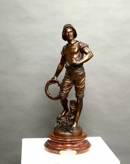 Grande Statue de Sauveteur à Patine Bronze Sur Socle En Marbre Signé GUILLEMIN