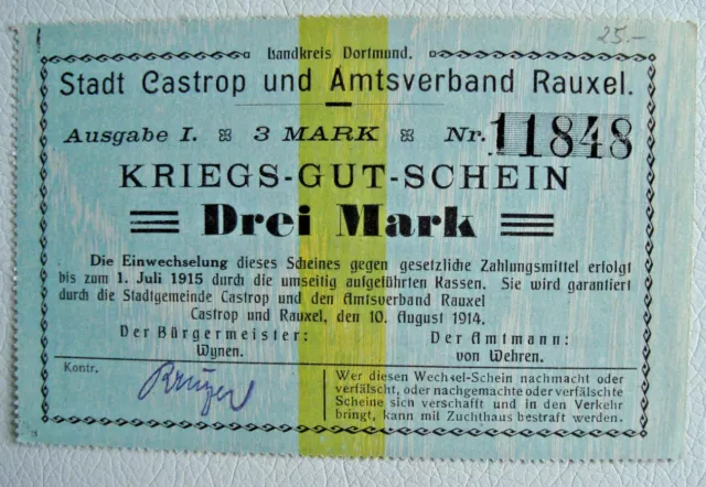 Notgeld Kriegs-Gut-Schein 3 Mark Stadt Castrop Rauxel 1914 nicht entwertet (1840