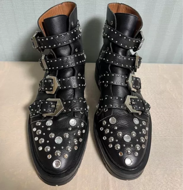 GIVENCHY 4 Buckle Studded Boots Leather Ankle Black Size39 US9