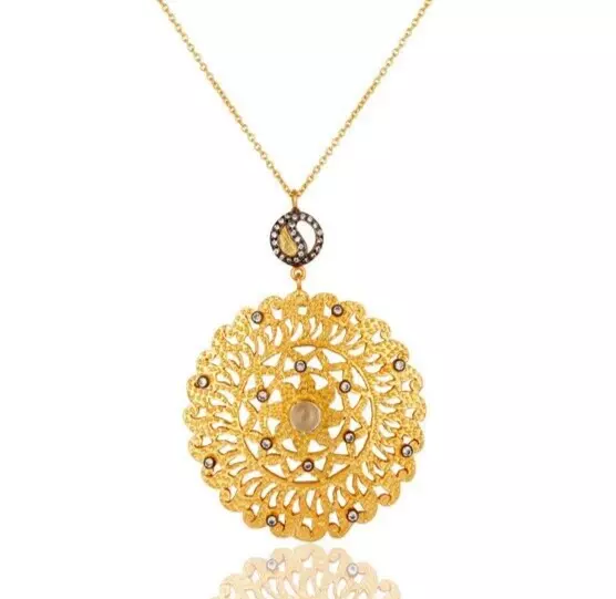 Gold Plated Brass Filigree 30 Inch Chain Chakra Pendent Necklace Crystal Zircon