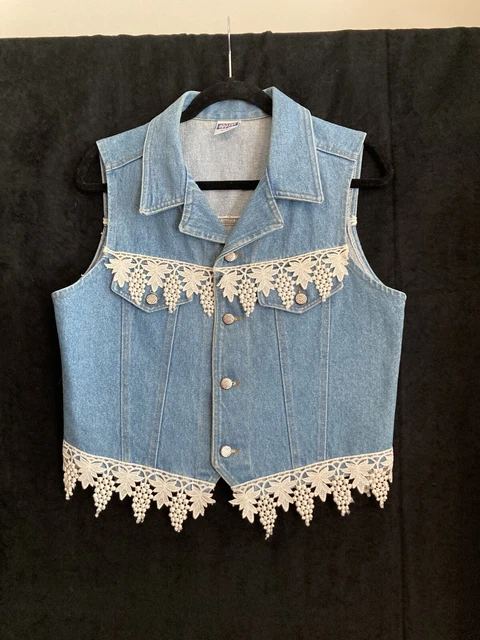 NWOT VTG Watch L.A. Denim Jean Western Cowgirl Vest W/ Grape Design Lace Medium