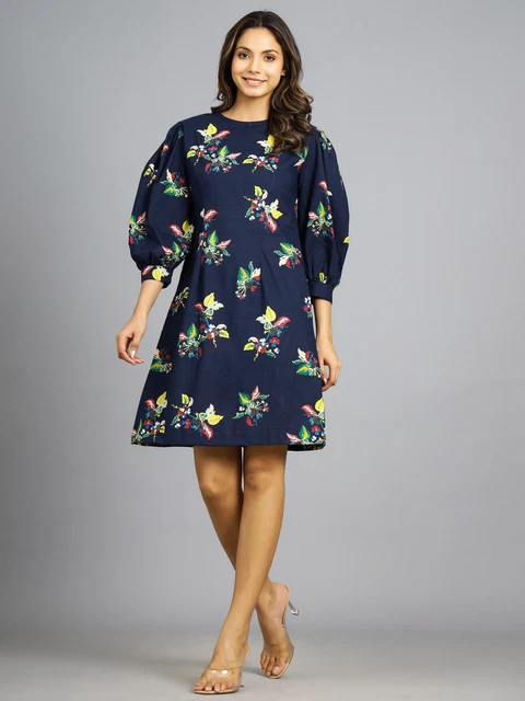 Blu Navy Cotone Abito Donna Floreale Stampato Festa Spiaggia Abbigliamento