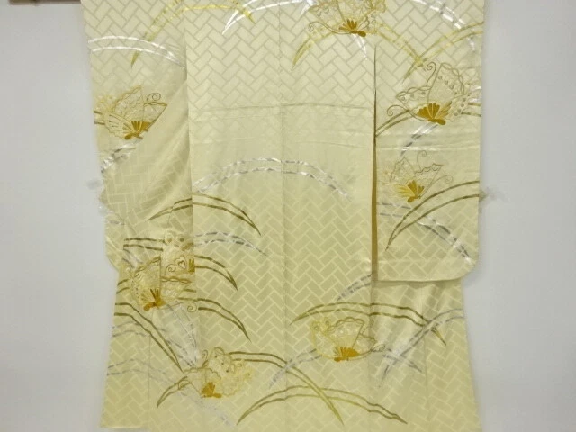 11362# Japanese Kimono / Antique Furisode / Embroidery / Grass & Butterfly