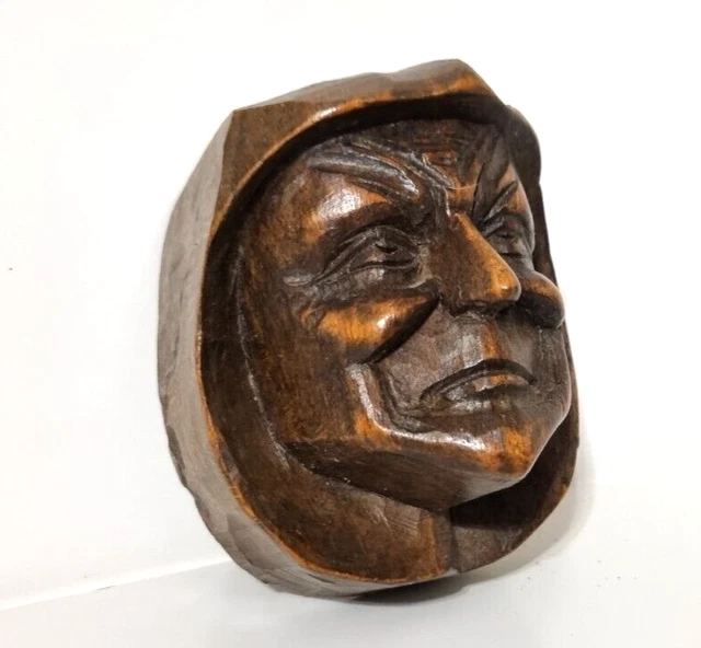 Mascaron monk face wood carving pediment Antique french architectural salvage 4"