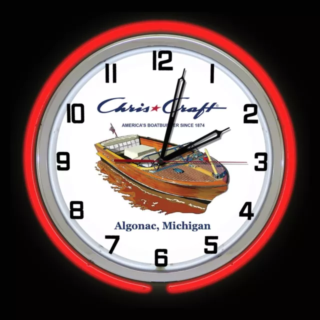 19" Chris Craft America's Boatbuilder Red Double Neon Clock Boat