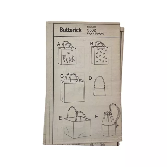 3562 Butterick Tote Purse Handbag Backpack Sewing Pattern Uncut 3