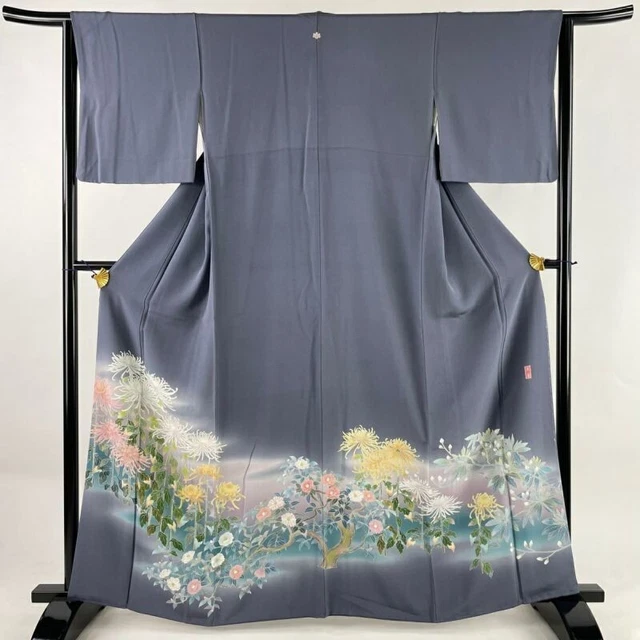 Woman Japanese Kimono Iro-Tomesode Silk Chrysanthemum Camellia Gray Purple