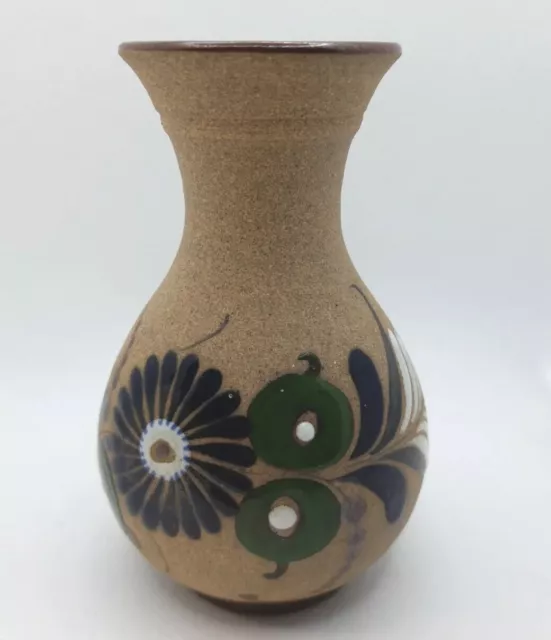 Vintage Tonala Mexican Stoneware Pottery Vase Hand Painted Floral Folk Art 6"
