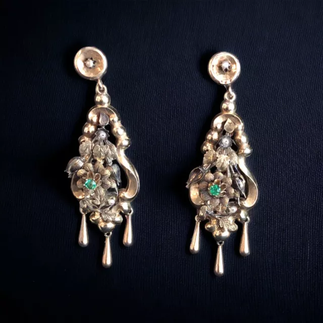 Art Nouveau Style 10k Gold Earrings Emerald Stones Pearls Screw Backs Estate