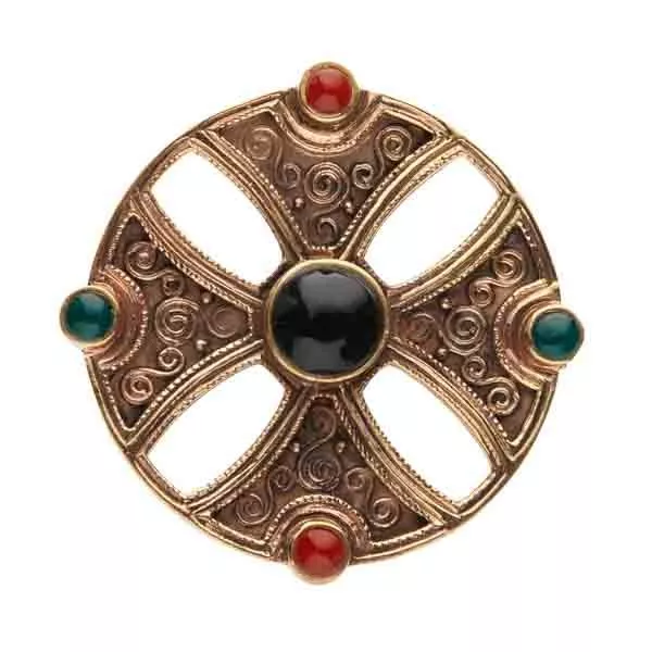 Irish Bronze Celtic Cross  brooch with green and black and carnelian stones
