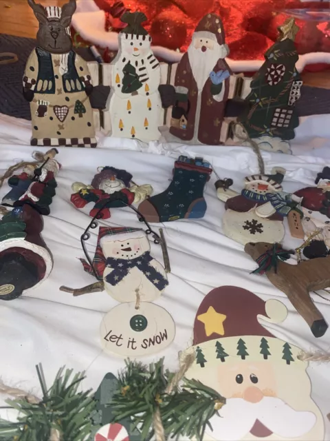 Christmas Ornaments Lot of 30 Country Barn Rustic Farmhouse Wood Unique Cat Deer