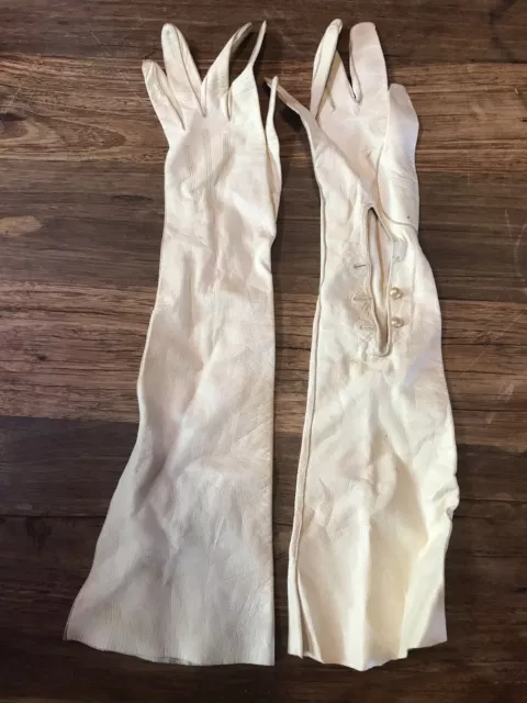 Vintage Long Kid Leather Gloves  Cream Colour Size 7.5 Made In Germany Pre WW2