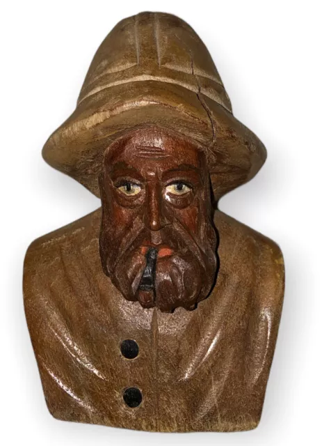 Antique Hand Carved Small Wood Sailor w/ Pipe Bust