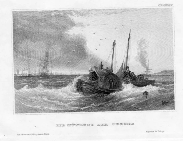 Tamigi Thames Foce Fiume Mare Del Nord Gran Britain Engraving Incisione Acciaio