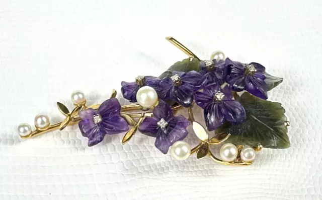 Gold Brosche-Veilchenbrosche-585 Gold-Amethyst-Jade-Brillanten-Art. 6760