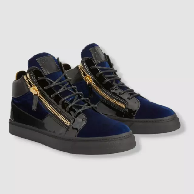 $710 Giuseppe Zanotti Mens Blue Velvet Patent Leather High-Top Sneaker EU 39/US6