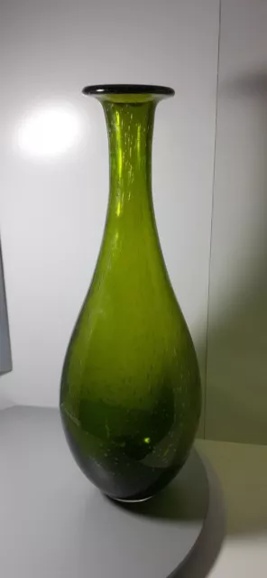 Art Glass Green Long Neck Flat Collar Bottle Bubble Vase 39 cm Tall & Heavy