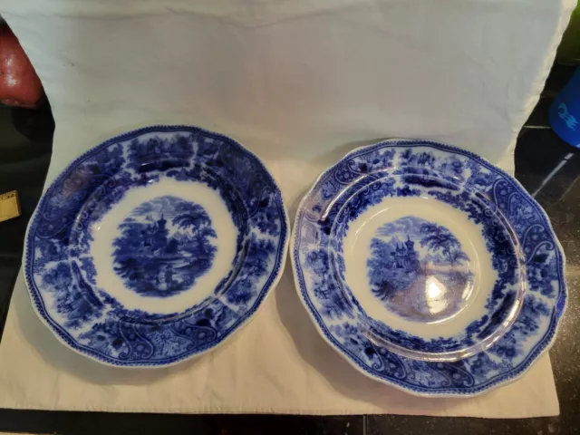Atq Flow Blue Middleport Pottery England Nonpareil Burgess & Leigh Plate Set/2
