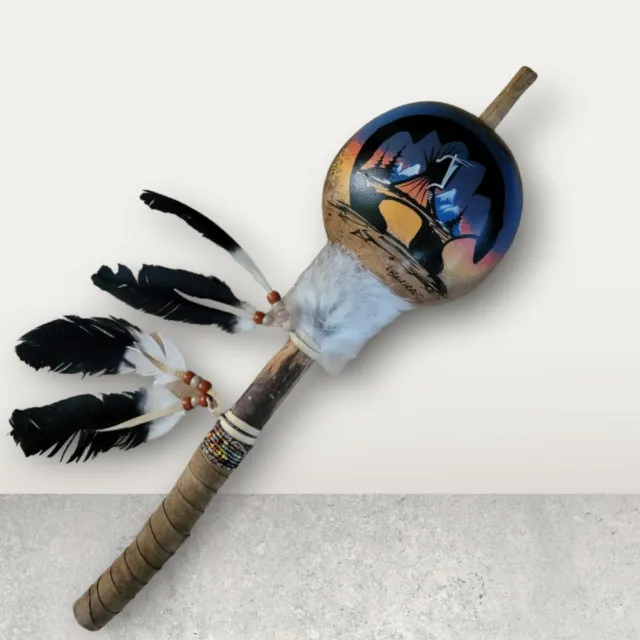 Hand Painted Ceremonial Dance Gourd Rattle By Native American Navajo Lacinda B.