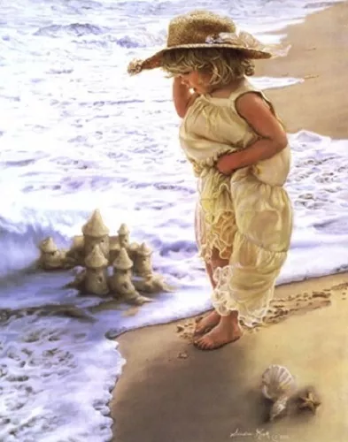 Sandra Kuck SERENITY 20x16 Artist Signed Art Print little Girl Sandcastle Beach