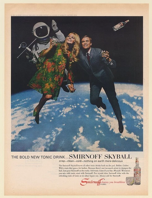 1967 Smirnoff Vodka Skyball Astronaut Couple Floating in Space Print Ad