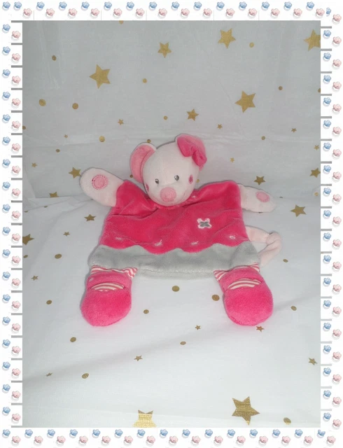 ⑧ - Doudou Semi Plat Souris Rose Fuchsia Gris Broderies Fleurs Ronds  Nicotoy